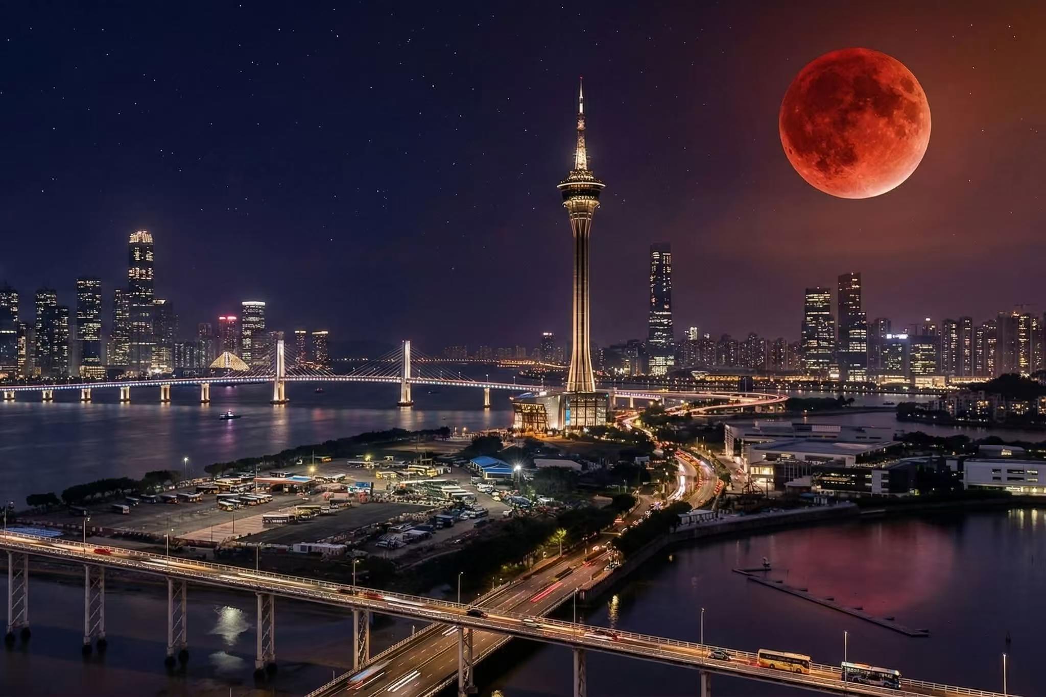 Macau Tower at night — the city before the venue