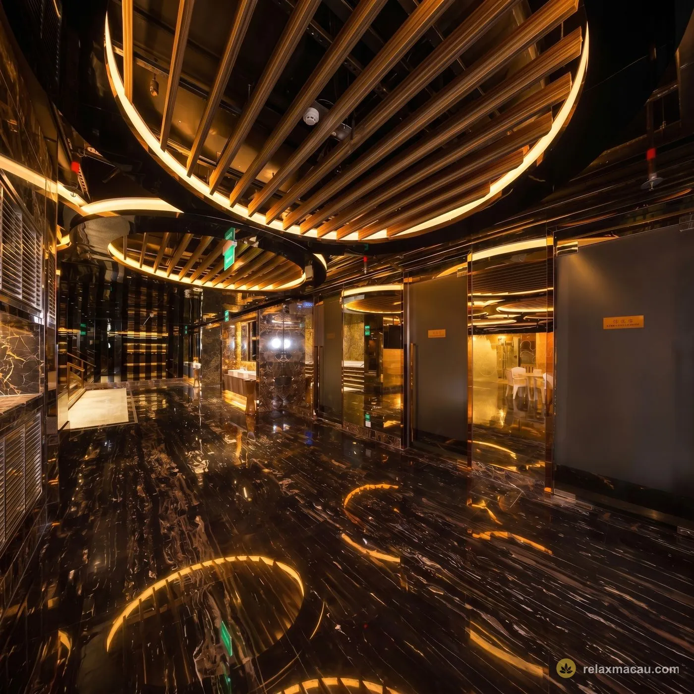 Majesty Spa curved-wood corridor