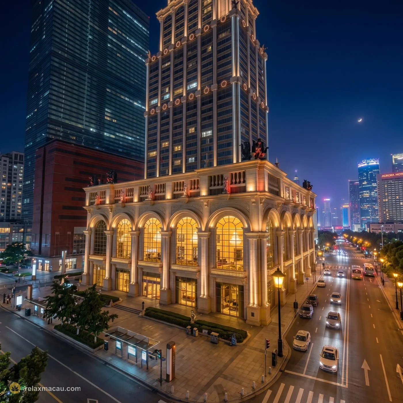 L'Arc Hotel exterior at night